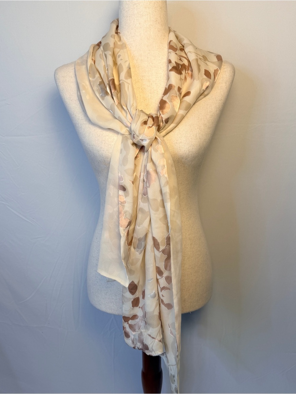 Elegant champagne Silk Scarf, with rose gold floral details quiet luxury ,70x 19